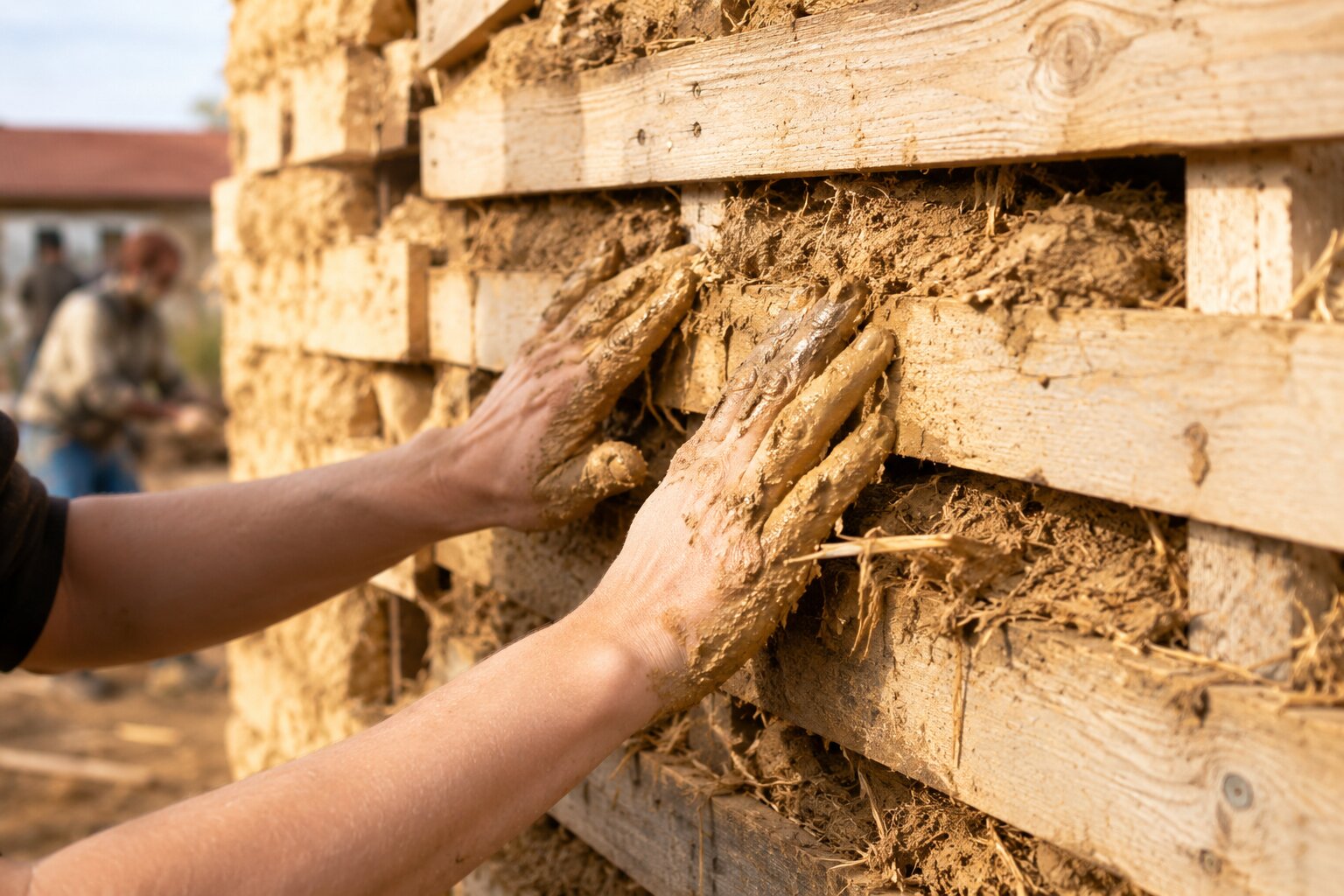 Hands pressing earthen plaster into a pallet wall at Wo-Man-I-Fest